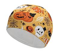 Halloween Pumpkin Ghost Cat And Skull Funny Swim Cap for Adults Swimming Hat for Men Women Long And Short Hair