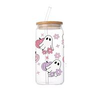 Halloween Pumpkin Ghost Cups 16oz Glass Tumbler with Lid and Straw - Halloween Gifts Cute Boo Basket Stuffers for Women, Teens, Kids - Trick or Treat Party Favors Fall Decor (Ghost_B)
