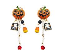 Halloween Pumpkin & Ghost Drop Earrings - Smiling Jack-o'-Lantern with Candy Ghost Charms, Festive Holiday Jewelry for Women’s Spooky Parties