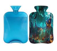 Halloween Pumpkin Hot Water Bottle with Cover, Castle Moon Bat 2L Hot Water Bag for Pain Relief, Neck Soft and Shoulder, Hand Feet Warmer, Hot and Cold Compress for Adult Kids