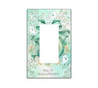 Halloween Pumpkin Light Switch Cover Plate/Outlet Covers, Mint Green Bow and Ghosts for Seasonal Decor, Thermoplastic Wall Plates, Standard Size Single Rocker