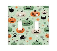 Halloween Pumpkin Light Switch Cover Plates/Outlet Covers, Mint Green Smiling Jack-o'-Lanterns for Festive Decor, Thermoplastic Wall Plates, Standard Size Double Toggle