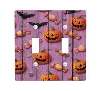 Halloween Pumpkin Light Switch Cover Plates/Outlet Covers, Violet Wooden Background with Black Cats and Bats, Thermoplastic Wall Plates, Standard Size Double Toggle