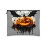 Halloween Pumpkin Makeup Bag, Gothic Bat Pattern Cosmetic Pouch for Women, Portable Canvas Zipper Organizer, Fall Festival Toiletry Bag 7x9 Inch