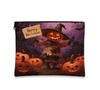 Halloween Pumpkin Makeup Bag, Spooky Scarecrow Cosmetic Pouch for Women, Portable Canvas Zipper Organizer, Fall Holiday Toiletry Bag 7x9 Inch