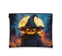 Halloween Pumpkin Makeup Bag, Spooky Scarecrow Cosmetic Travel Pouch for Women, Portable Canvas Zipper Organizer, Fall Festival Toiletry Bag 7x9 Inch