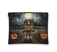 Halloween Pumpkin Makeup Bag, Spooky Vintage Scarecrow Cosmetic Travel Pouch for Women, Portable Canvas Zipper Organizer, Fall Festival Toiletry Bag 7x9 Inch