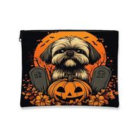 Halloween Pumpkin Makeup Bag, Vintage Dog and Graveyard Cosmetic Travel Pouch for Women, Portable Canvas Zipper Organizer, Autumn Festival Toiletry Bag 7x9 Inch