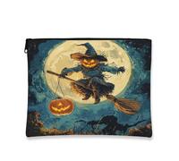 Halloween Pumpkin Makeup Bag, Vintage Spooky Scarecrow Cosmetic Travel Pouch for Women, Portable Canvas Zipper Organizer 7x9 Inch