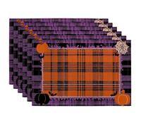 Halloween Pumpkin Plaid Placemats, Violet and Orange Table Mats for Fall Dining, Non-Slip Washable Indoor Outdoor Decorative Place mats Set of 6