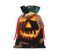 Halloween Pumpkin Printed Christmas Drawstring Bags Reusable Bag for Christmas Party Xmas Gift Wrapping, Red Ribbon, S