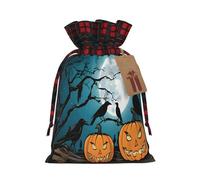 (Halloween Pumpkin) Reusable M Size Bag Sack With Drawstring Eco-Friendly Plaid Burlap Pouch For Party Wedding Favors.
