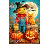 Halloween Pumpkin Scarecrow 1000 Piece Jigsaw Puzzle for Adults 70x50 cm Cat and Owl Full Moon Autumn Night Puzzle Gift and Wall Decor