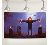 Halloween Pumpkin Scarecrow Backdrop, Spooky Graveyard Scene Decorations, Perfect for Halloween Parties and Fall Celebrations 71x43 Inch