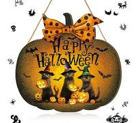 Halloween Pumpkin-Shaped Wooden Welcome Sign - Vintage Rustic Design with Black Cats & Jack-O'-Lanterns, Spooky Horror Pattern Decor for Indoor Outdoor Party