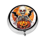 Halloween Pumpkin Skeleton Bat Round Pill Box with 3 Compartments, Mini Metal Pill Organizer for Purse or Pocket, Lightweight Portable for Daily Use Gifts Travel