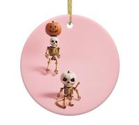 Halloween Pumpkin Skeleton Print Christmas Tree Ceramic Hanging Round Shaped Christmas Tree Pendants Family Gatherings Holiday Party Decor.