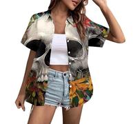 Halloween Pumpkin Skeleton Short Sleeve Shirt with Buttons for the Perfect Festive Wear for Celebrations and Parties, gray, M