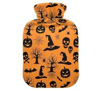 Halloween Pumpkin Skull Orange Hot Water Bottle with Cover for Pain Relief Bed Warmer Hot Water for Menstrual Cramps, 2L