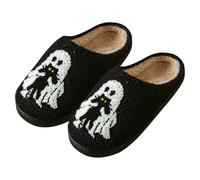 Halloween Pumpkin Slippers for Womens Mens Warm Bat Spooky Soft Plush House Slippers Closed Toe Indoor or Outdoor Fuzzy Memory Foam Cartoon Animal Shoes Gifts for Ladies Unisex Ghost-Black
