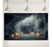 Halloween Pumpkin Spider Web Backdrop, Spooky Dark Cave Theme Decoration for Parties, Haunted House Photography Background Supplies 71x43 Inch