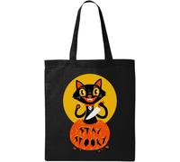Halloween Pumpkin Stay Spooky Cute Black Cat Natural Ecological Cotton Tote Bag Black