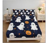 Halloween Pumpkin Theme Microfiber Double Fitted Bed Sheet, Cute Ghost Pattern Fitted Sheet Deep 30cm for Single Bed 90×190 cm,Navy Blue