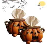 Halloween Pumpkin Tissue Box Holder,Spooky Style Tissue Box Holder,7.5" Carved Jack-O’-Lantern Facial Paper Organizer,Fall Tabletop Desk Home Pumpkin Accessory,For Bathroom/Kitchen/Office (2PCS)