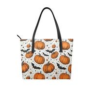 Halloween Pumpkin Vegan Leather Handbag for Women Bat Tote Bag with Top Handle, Large Shoulder Purse for Everyday Work Travel