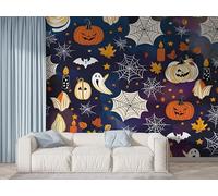 Halloween Pumpkin Wall Mural, Self-Adhesive Peel & Stick Wallpaper, Spider Web Ghost Maple Leaf Design Photo Wallpaper for Living Room & Bedroom (100x70 cm), F-563