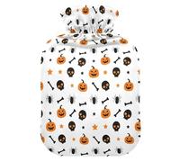Halloween Pumpkin White Skull Hot Water Bottle with Cover for Pain Relief Warm Water Bag for Neck, 2L