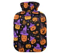 Halloween Pumpkin Witch Hat Pattern Hot Water Bottle with Velvet Cover Hot Water Bag for Pain Relief 1L, Neck Cramps Shoulders Pain Relief, Hot Cold Pack