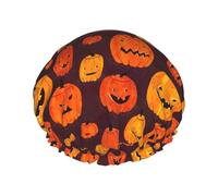 Halloween Pumpkin Women Luxury Shower Cap, Double Layer Protective Elastic Reusable Adjustable Shower Cap