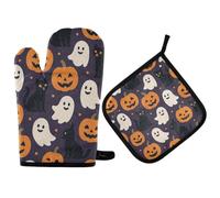 Halloween Pumpkins and Ghosts Black Cats Oven Mitts and Pot Holders Heatproof Oven Gloves Set 2PCS for Cooking Cooking Baking