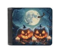 Halloween Pumpkins Bat Moon Leather Men's Bifold Wallet Minimalist Credit Card Holder Simple Coin Purse with Hidden Slots