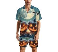 Halloween Pumpkins Bat Moon Mens Silk Satin Pajamas Set Short Sleeve Sleepwear 2 Piece Summer Button Down Loungewear