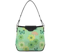 Halloween Pumpkins Black Cat ghosts Shoulder Hand Bags for Women Women's Trendy Purses with Removable Straps for, Green Flowers Butterflies & Mushrooms, One Size