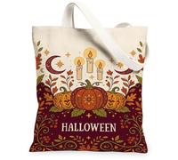 Halloween Pumpkins Candle Art Canvas Tote Bag 13x15 Inch | Autumnal Motif, Glowing Candle Art, Crescent Moon Details, Fanciful Harvest Theme, Faux-linen Texture, Seasonal Home Decor