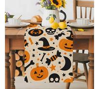 Halloween Pumpkins Candy Pattern Table Runner 72 Inches Long, Witch Hats on Retro Linen Washable Table Runners Heat-Insulation Kitchen Dining Table Decorations for Home Party Decor 13x72in