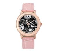 Halloween Pumpkins Ghosted Ravens Women's Leather Strap Band Watch Pink Ladies Three-Hand Wrist Watches