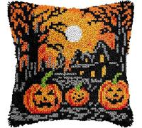 Halloween Pumpkins Latch Hook Kits Pillowcase DIY Crochet Hook Cushion Making Kits with Preprinted Pattern Canvas DIY Handmade Pillow Cover 43x43cm (PL15)