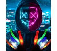 Halloween Purge Mask with Gloves LED Scary Mask for Halloween Costume Party, Masquerade Cosplay Light Up Purge Face Cover with 3 Lighting Modes for Men Women Adults Kids (Pink+Blue)