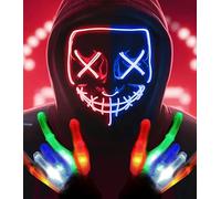 Halloween Purge Mask with Gloves LED Scary Mask for Halloween Costume Party, Masquerade Cosplay Light Up Purge Face Cover with 3 Lighting Modes for Men Women Adults Kids (Red+Blue)