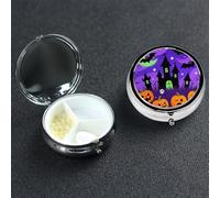 Halloween Purple Night Pill Box 3 Compartment Waterproof Pill Container with Mirror Metal Medicine Box Organizer Portable Vitamin Case for Pocket & Purse Travel - Round