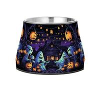 Halloween Purple Night with Ghosts Pumpkins Dog Raised Bowl, 540 ML Feeding Food Pet Bowl Stainless Steel Non-slip High Capacity Cat Bowl