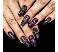 Halloween Purple Pumpkin Press on Nails Spider Web Bat Glitter Nails | Medium Almond Fake Nails with Halloween Pumpkin Spider Web Bat Designs Purple Glitter Acrylic Nails for Women 24Pcs