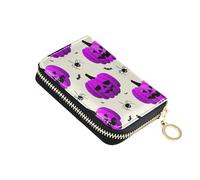 Halloween Purple Pumpkins Beige Women's Wallet Small RFID Blocking Credit Card Holders Scan Proof Coin Purse Wallet with Zipper