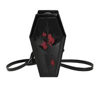 Halloween Purse for Women PU Leather Gothic Halloween Coffin Purse Cross & Red Rose Pattern Cosplay Coffin Goth Crossbody Bag with Adjustable Shoulder Strap