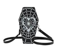 Halloween Purse for Women PU Leather Gothic Halloween Coffin Purse Heart-Shaped Spider Web Pattern Cosplay Coffin Goth Crossbody Bag with Adjustable Shoulder Strap Gothic