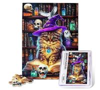 Halloween Puzzle Wizard Cat Magic Book Jigsaw Puzzles for Adults 500 Pieces Magic Bookshelf Skull Wooden Puzzles for Challenging Family Activity Games Motivational Toy Educational